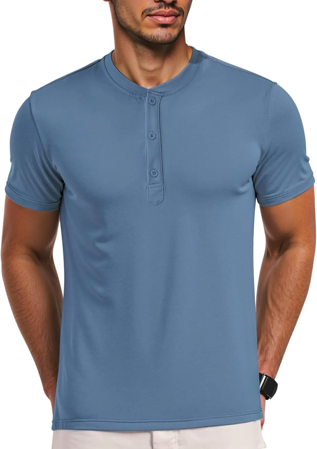 Men's Henley Short Sleeve Shirts Casual T-Shirts Button Top Summer Soild Basic Tee