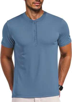 Men's Henley Short Sleeve Shirts Casual T-Shirts Button Top Summer Soild Basic Tee