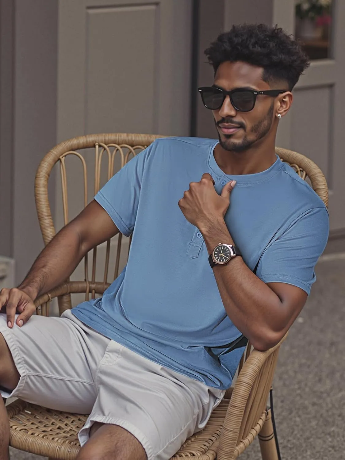 Men's Henley Short Sleeve Shirts Casual T-Shirts Button Top Summer Soild Basic Tee