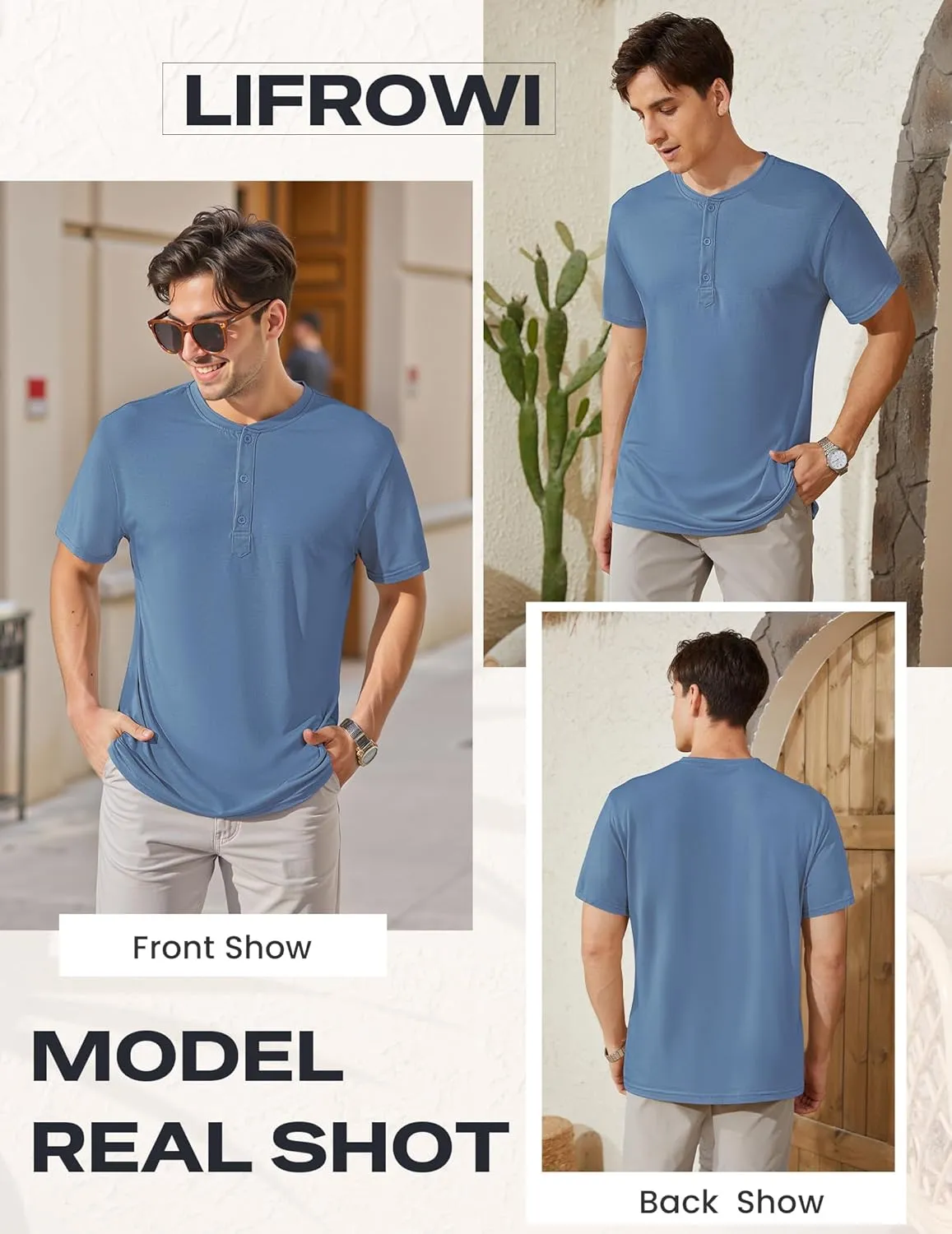 Men's Henley Short Sleeve Shirts Casual T-Shirts Button Top Summer Soild Basic Tee