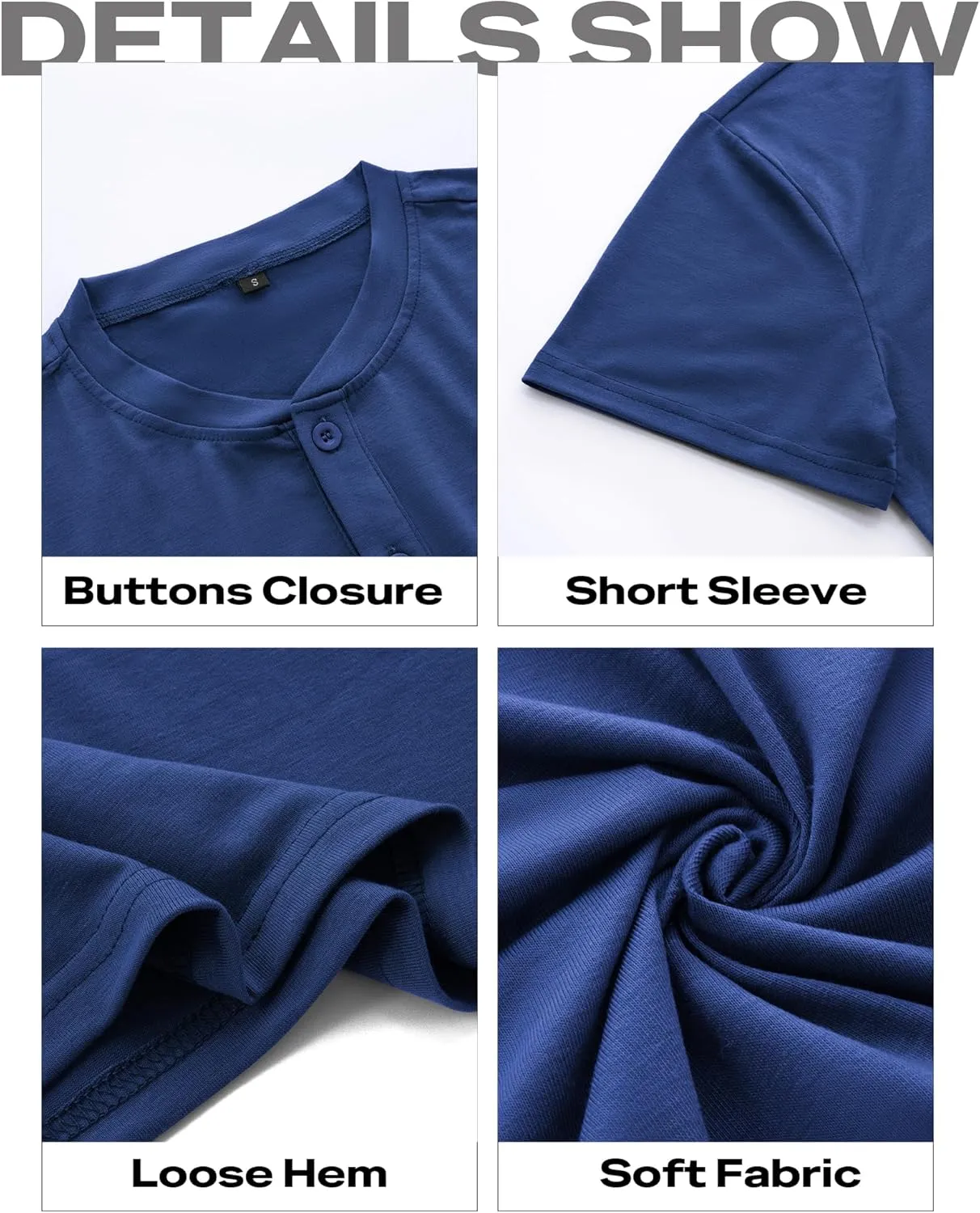 Men's Henley Short Sleeve Shirts Casual T-Shirts Button Top Summer Soild Basic Tee