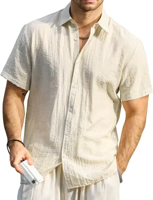 Mens Linen Shirts Casual Short Sleeve Button Down Shirts Tropical Beach Summer Hawaiian Shirt