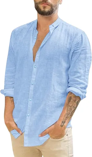 Men's Long Sleeve Button Down Shirts Casual Cotton Linen Shirts Summer Beach Shirt with Pocket