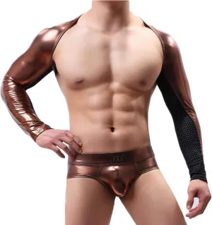 Mens Sexy Harness Tanks PU Leather Long Sleeve Mesh Top Briefs Costume Stage Suits