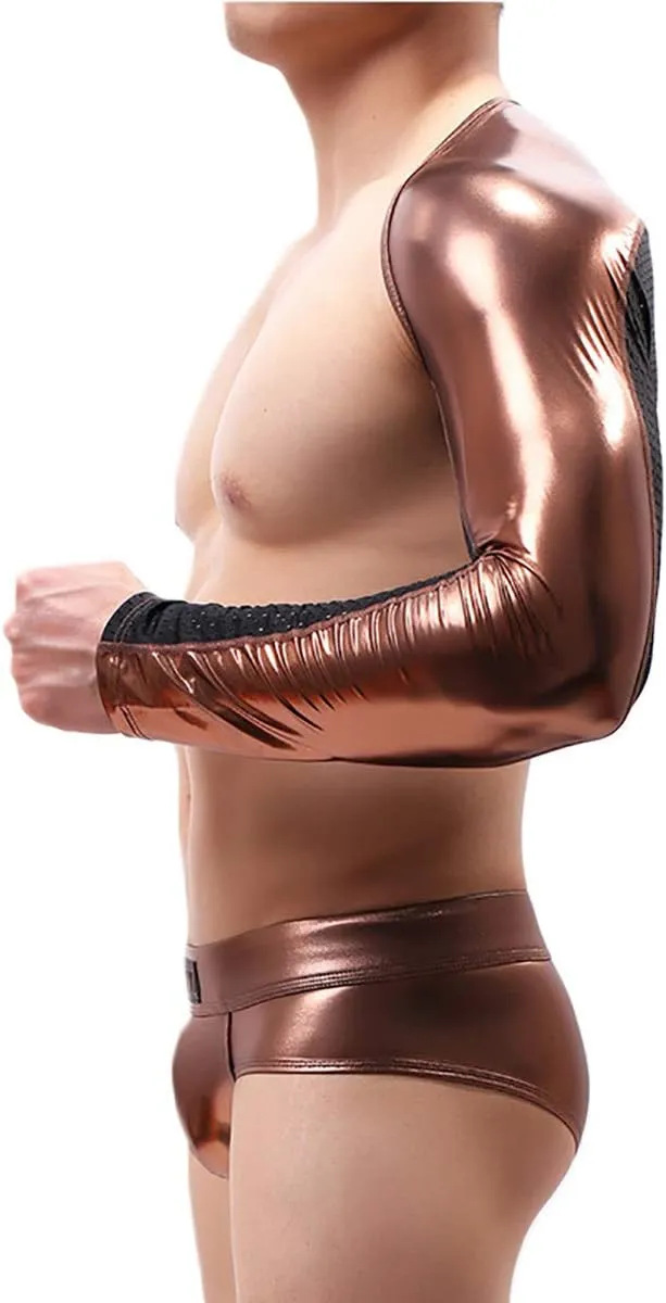 Mens Sexy Harness Tanks PU Leather Long Sleeve Mesh Top Briefs Costume Stage Suits