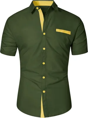 NeedBo Mens Short Sleeve Dress Shirts Slim-Fit Inner Contrast Casual Button Down Shirts