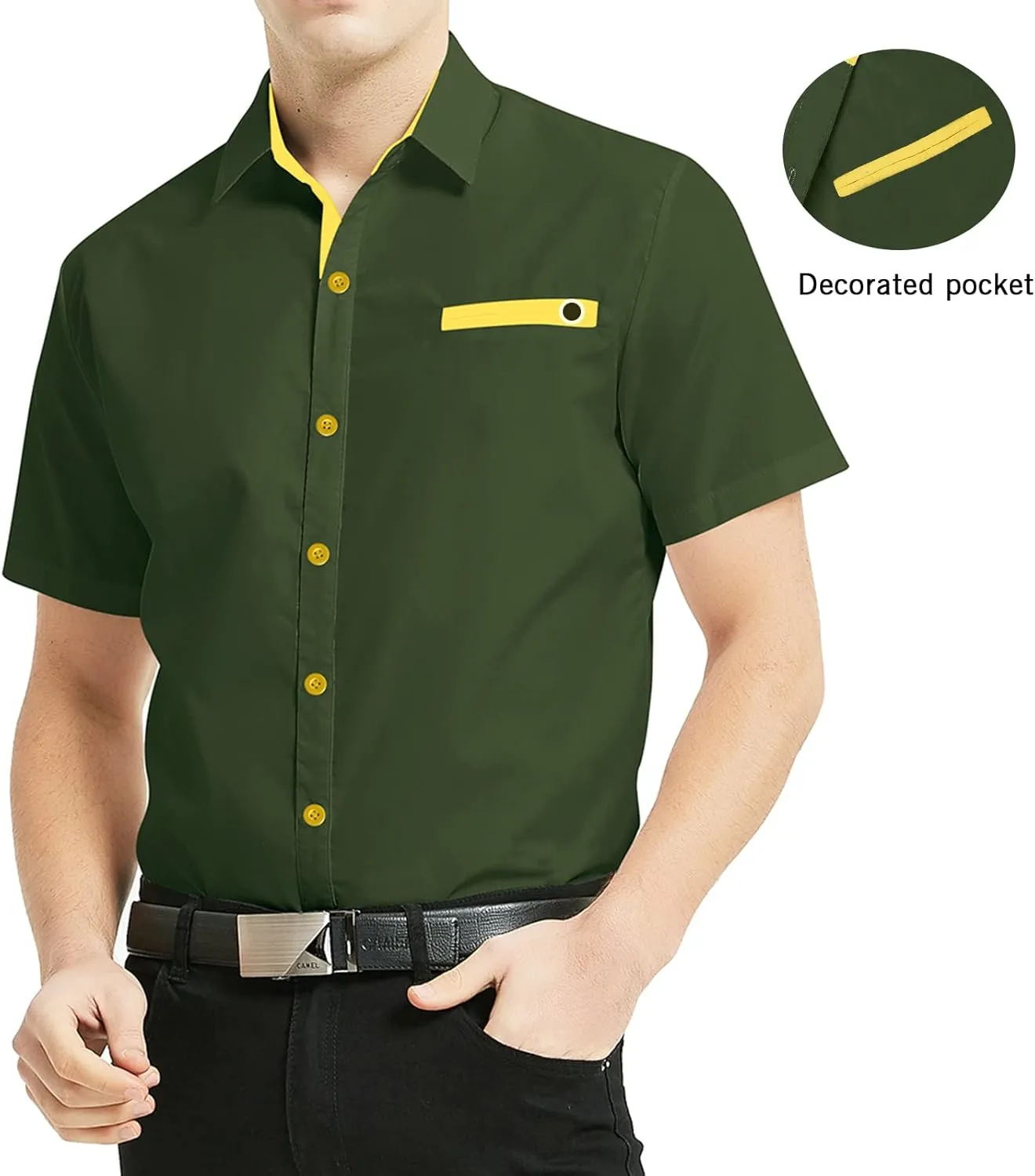 NeedBo Mens Short Sleeve Dress Shirts Slim-Fit Inner Contrast Casual Button Down Shirts