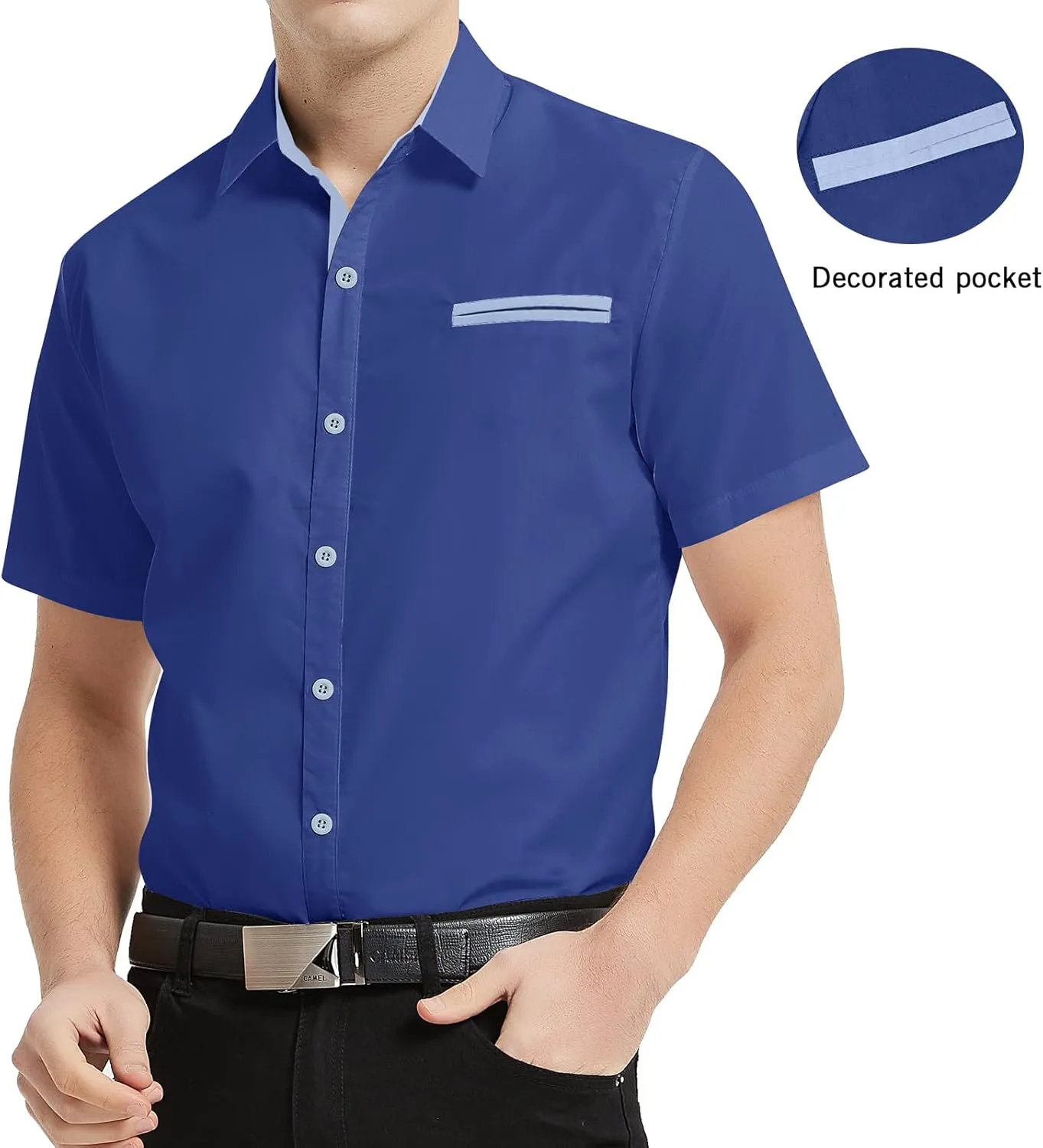 NeedBo Mens Short Sleeve Dress Shirts Slim-Fit Inner Contrast Casual Button Down Shirts