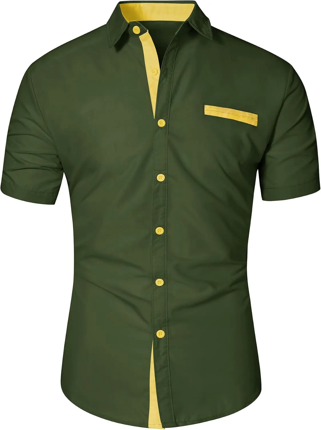 NeedBo Mens Short Sleeve Dress Shirts Slim-Fit Inner Contrast Casual Button Down Shirts