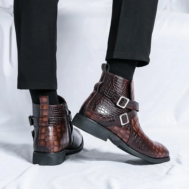 New Ankle Boots For Men Waterproof Wearable Block Pattern PU Leather with Side Zipper Double Monk Strap Work Formal Dress