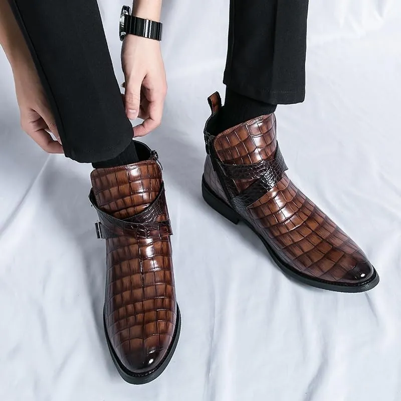 New Ankle Boots For Men Waterproof Wearable Block Pattern PU Leather with Side Zipper Double Monk Strap Work Formal Dress