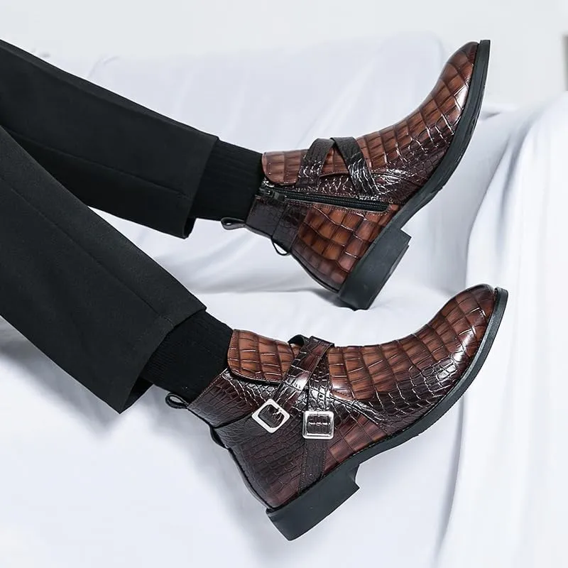 New Ankle Boots For Men Waterproof Wearable Block Pattern PU Leather with Side Zipper Double Monk Strap Work Formal Dress