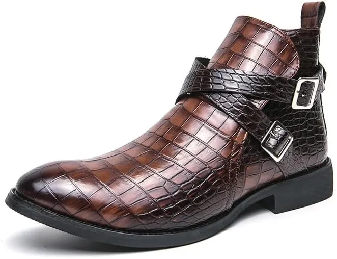 New Ankle Boots For Men Waterproof Wearable Block Pattern PU Leather with Side Zipper Double Monk Strap Work Formal Dress