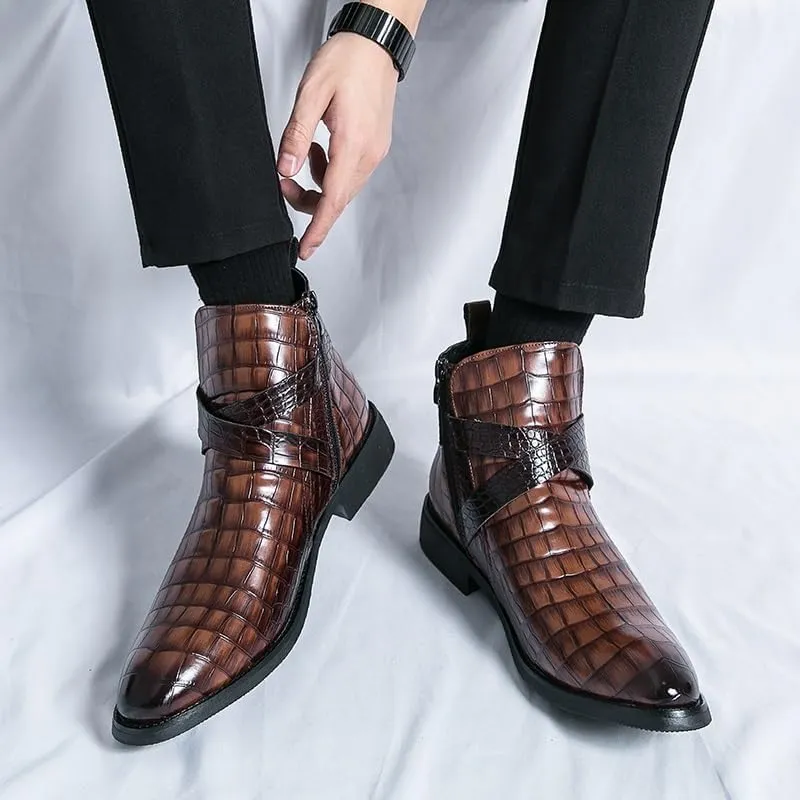 New Ankle Boots For Men Waterproof Wearable Block Pattern PU Leather with Side Zipper Double Monk Strap Work Formal Dress