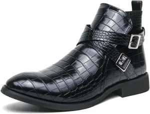 New Ankle Boots For Men Waterproof Wearable Block Pattern PU Leather with Side Zipper Double Monk Strap Work Formal Dress