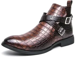 New Ankle Boots For Men Waterproof Wearable Block Pattern PU Leather with Side Zipper Double Monk Strap Work Formal Dress