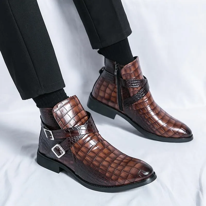 New Ankle Boots For Men Waterproof Wearable Block Pattern PU Leather with Side Zipper Double Monk Strap Work Formal Dress