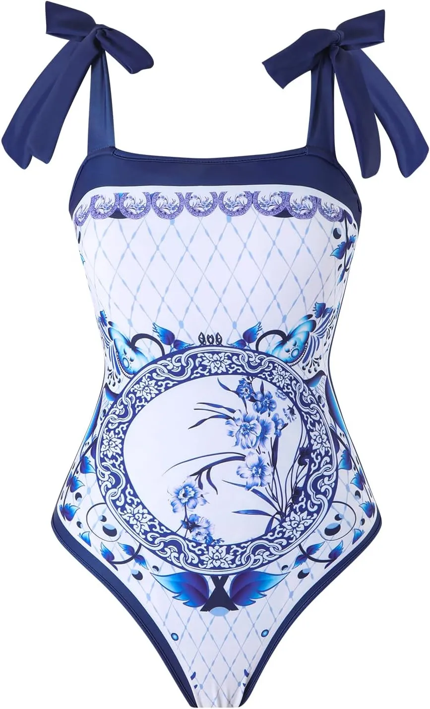 One Piece Bathing Suit for Women with Beach Cover up Wrap Skirt Swimsuit Sarong Retro Floral Print Bikini Set