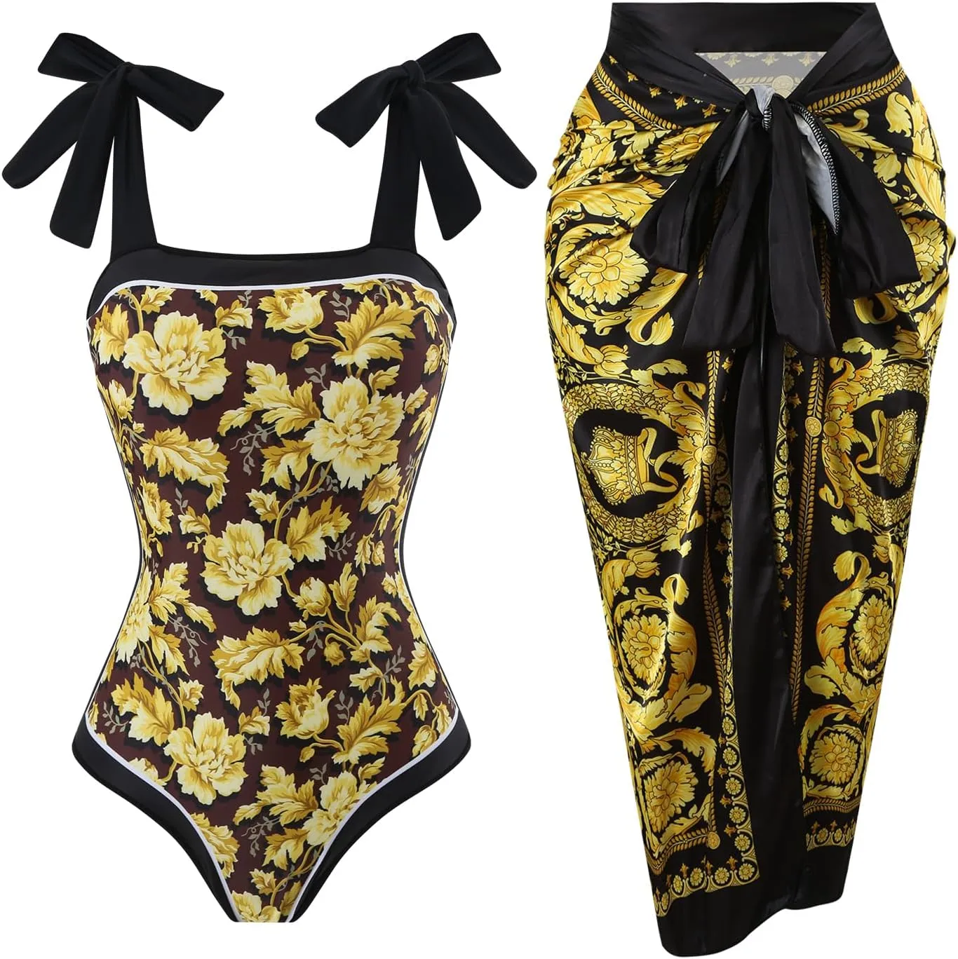 One Piece Bathing Suit for Women with Beach Cover up Wrap Skirt Swimsuit Sarong Retro Floral Print Bikini Set