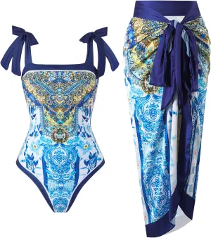 One Piece Bathing Suit for Women with Beach Cover up Wrap Skirt Swimsuit Sarong Retro Floral Print Bikini Set