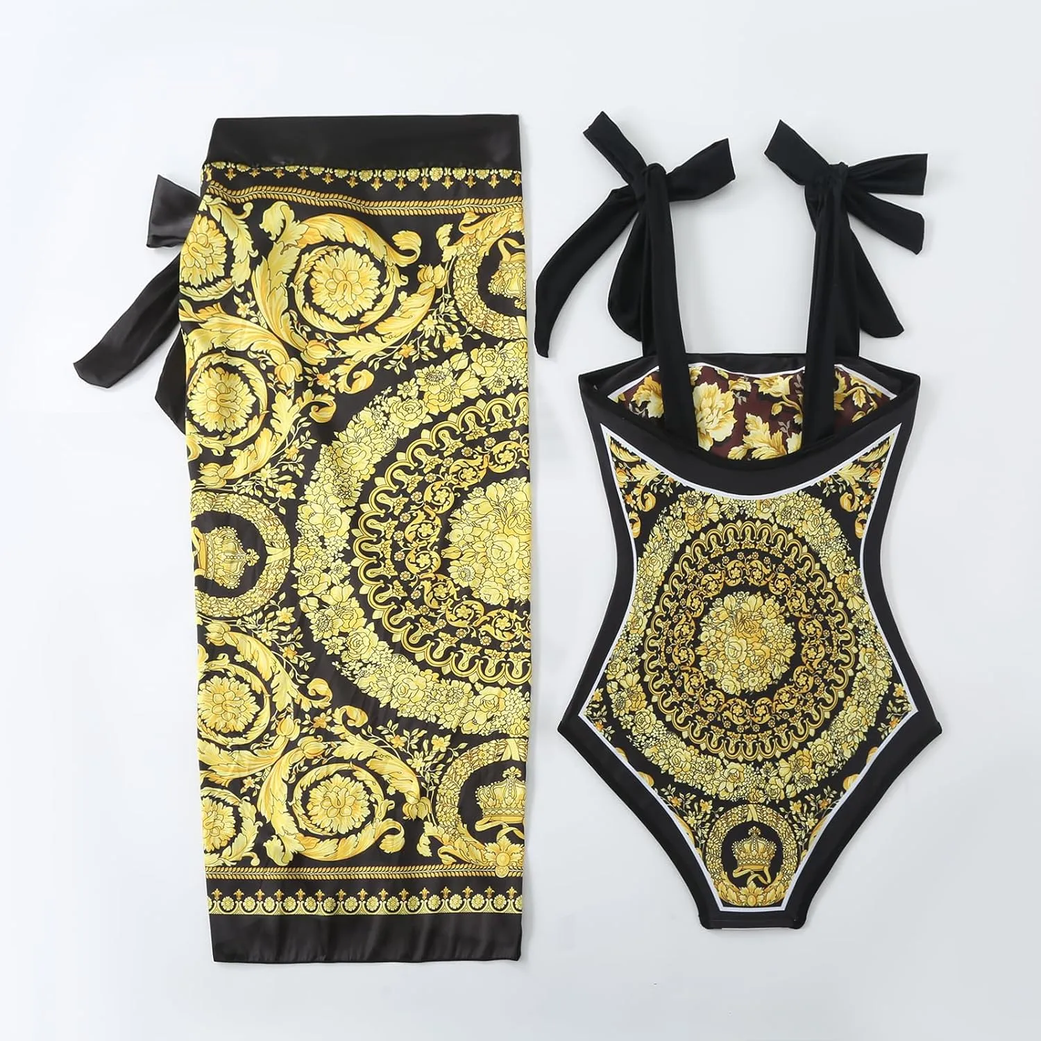 One Piece Bathing Suit for Women with Beach Cover up Wrap Skirt Swimsuit Sarong Retro Floral Print Bikini Set