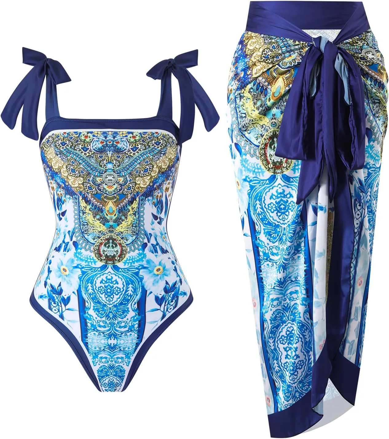One Piece Bathing Suit for Women with Beach Cover up Wrap Skirt Swimsuit Sarong Retro Floral Print Bikini Set