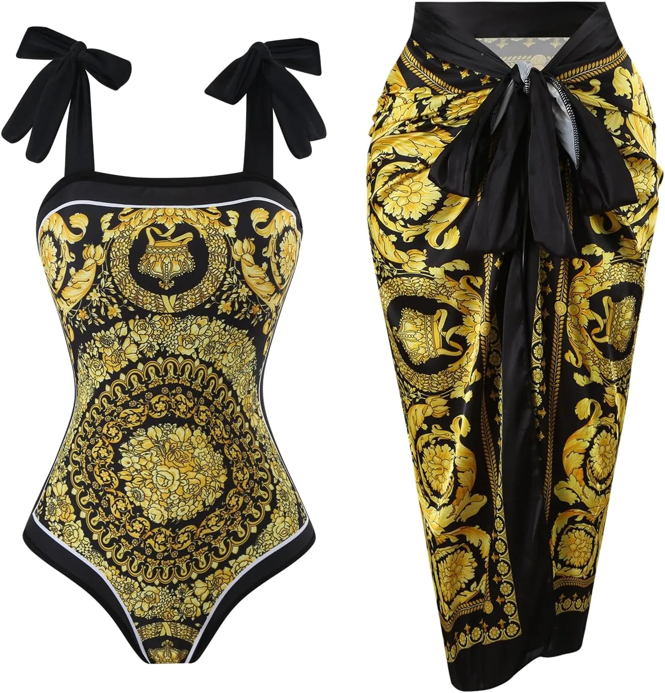 One Piece Bathing Suit for Women with Beach Cover up Wrap Skirt Swimsuit Sarong Retro Floral Print Bikini Set