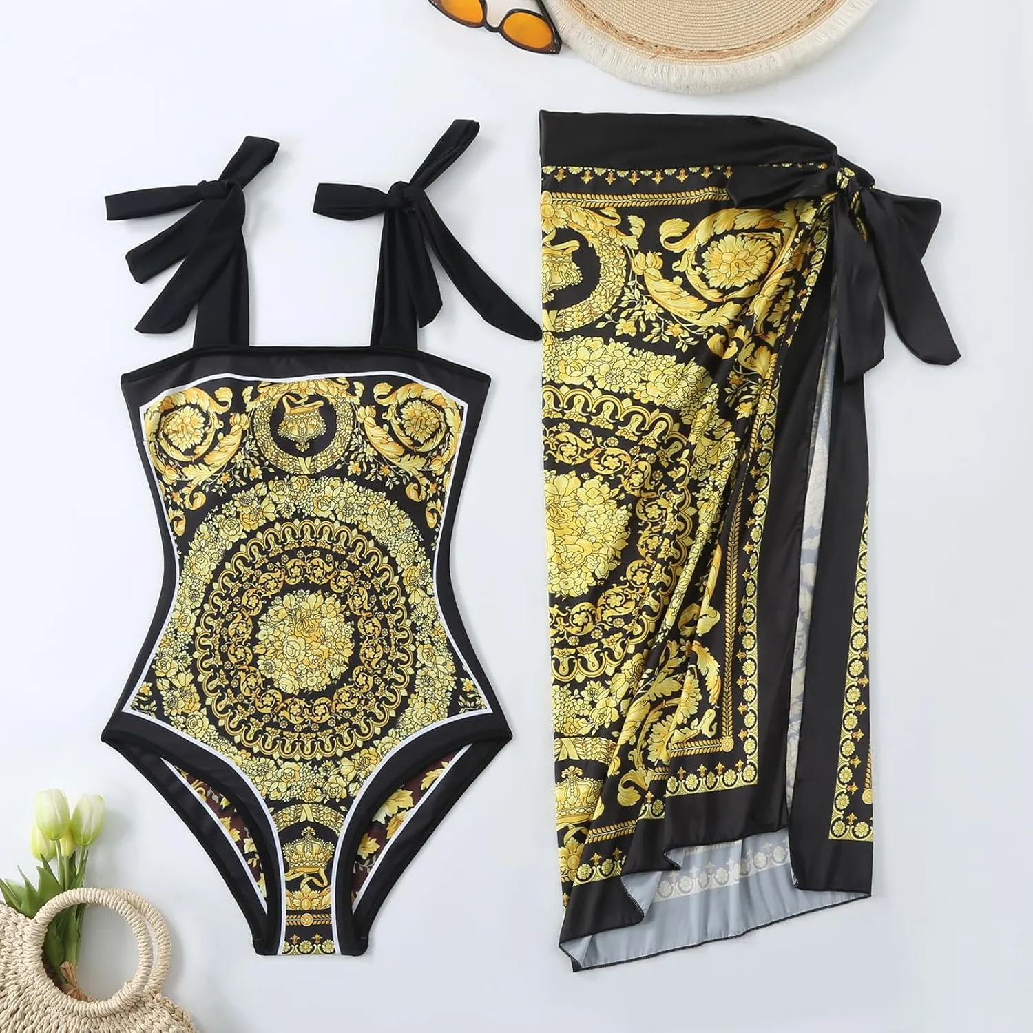 One Piece Bathing Suit for Women with Beach Cover up Wrap Skirt Swimsuit Sarong Retro Floral Print Bikini Set