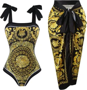 One Piece Bathing Suit for Women with Beach Cover up Wrap Skirt Swimsuit Sarong Retro Floral Print Bikini Set