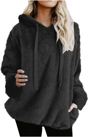 Oversized Fuzzy Fleece Hoodies For Women Warm Long Sleeve Sherpa Pullover Sweatshirts Winter Tops With Pockets