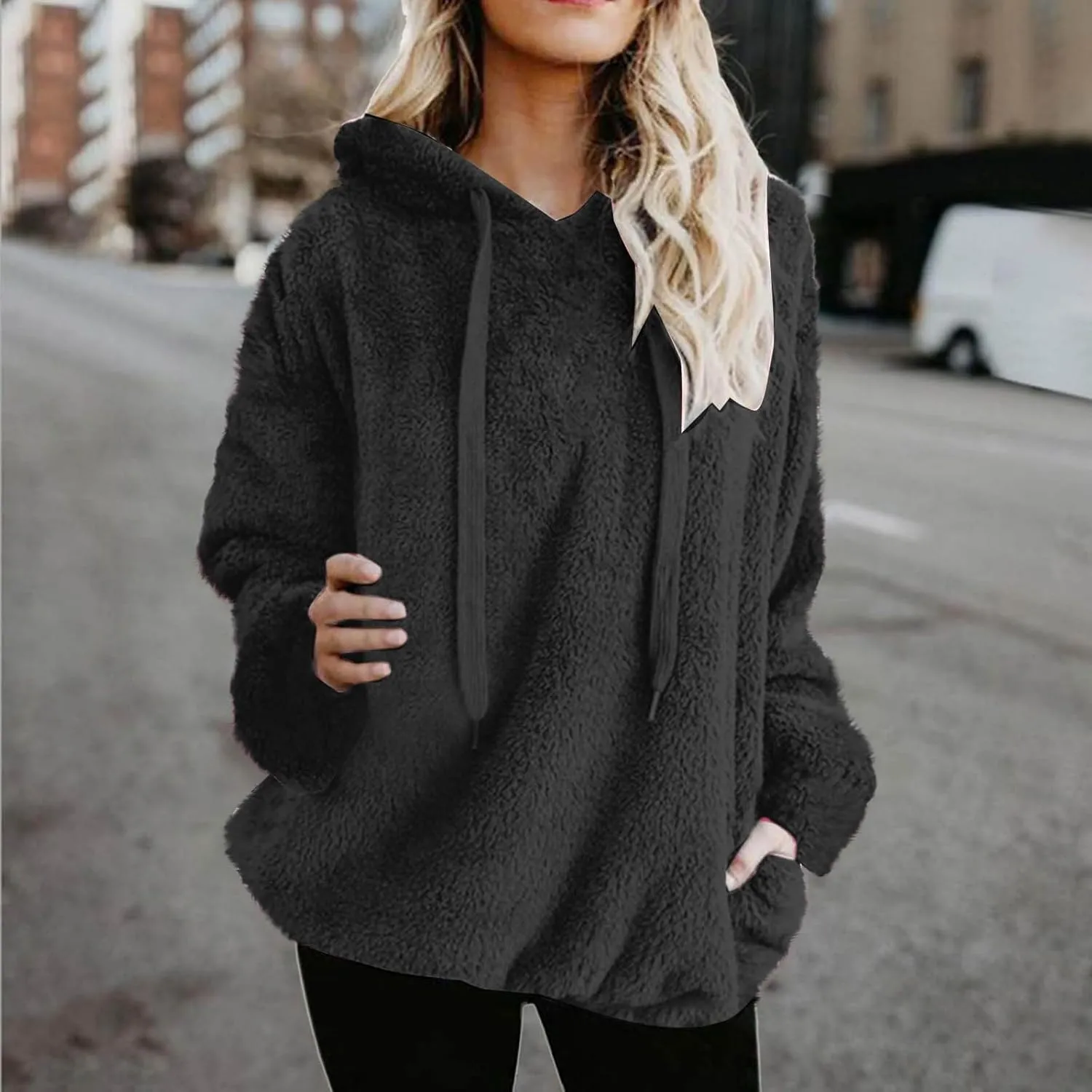 Oversized Fuzzy Fleece Hoodies For Women Warm Long Sleeve Sherpa Pullover Sweatshirts Winter Tops With Pockets