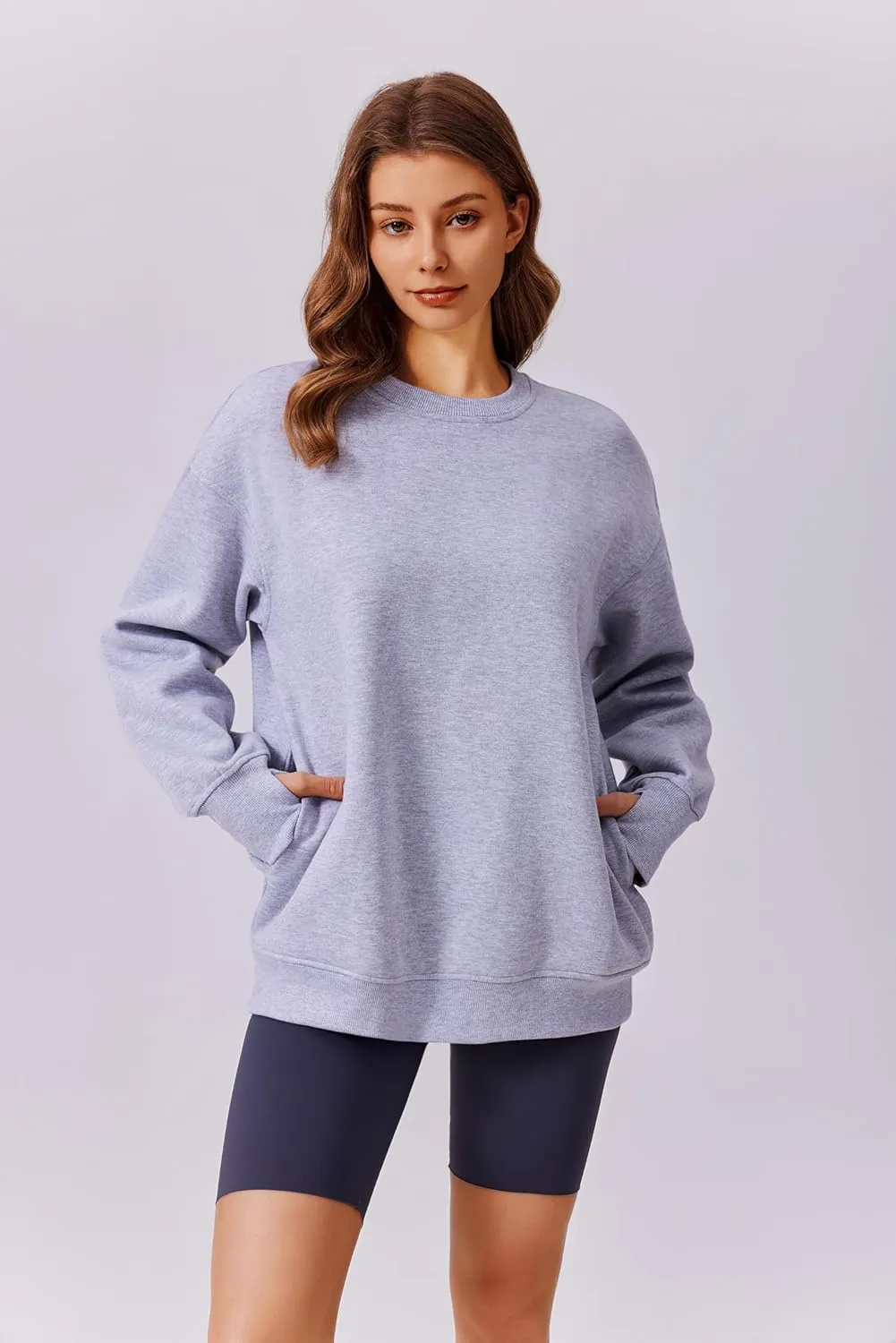 PINSPARK Womens Sweatshirt Crewneck Fleece Pullover Tops Oversized Sweat Shirts with Thumbholes Pockets 2025 Fall Outfits