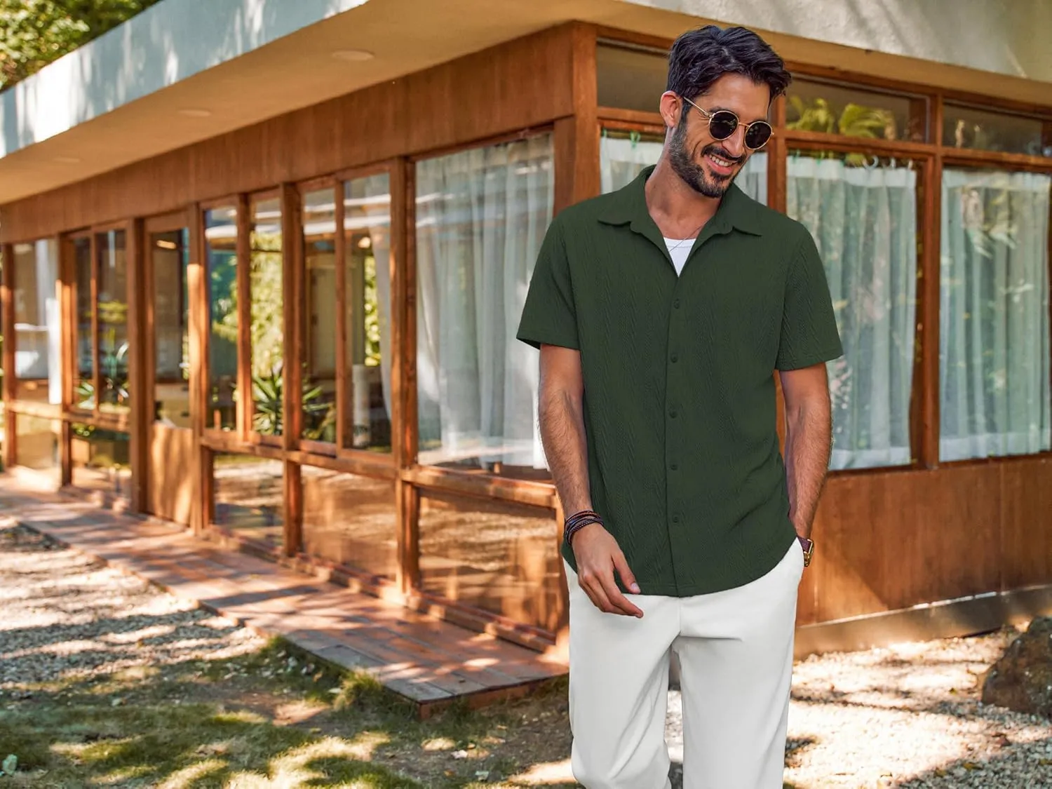 PJ PAUL JONES Mens Button Down Shirts Casual Short Sleeve Shirts Summer Knit Textured Shirt
