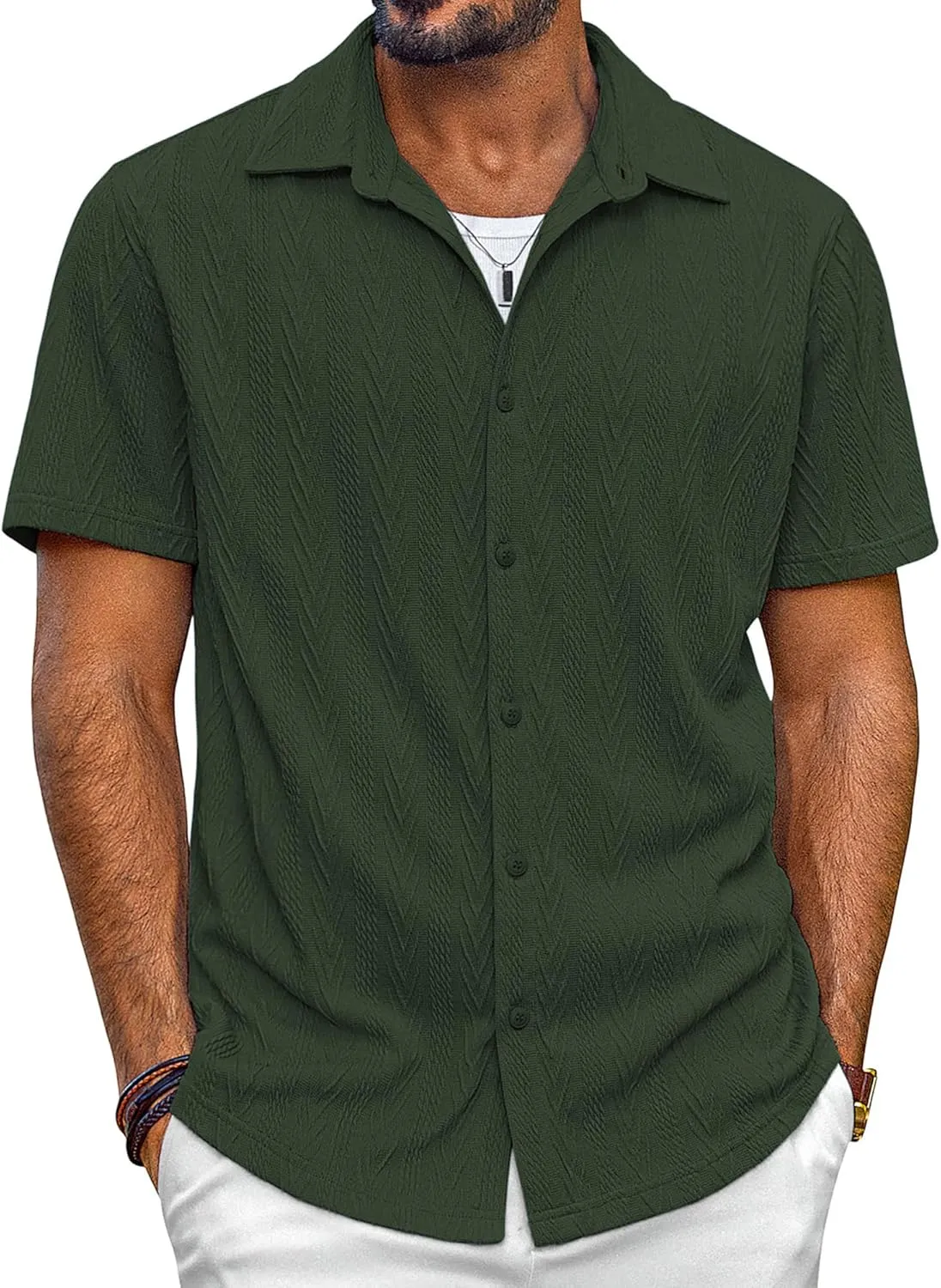 PJ PAUL JONES Mens Button Down Shirts Casual Short Sleeve Shirts Summer Knit Textured Shirt