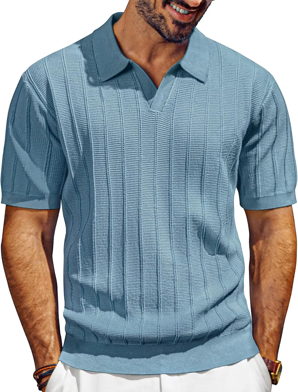 PJ PAUL JONES Mens Polo Shirts V-Neck Knit Polo Textured Summer Shirts