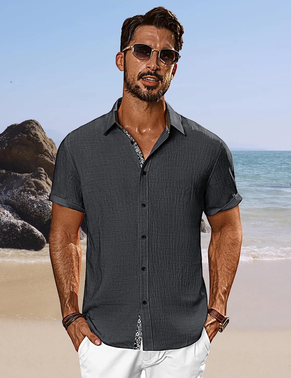 PJ PAUL JONES Mens Short Sleeve Button Down Shirts Casual Beach Summer Vacation Shirts