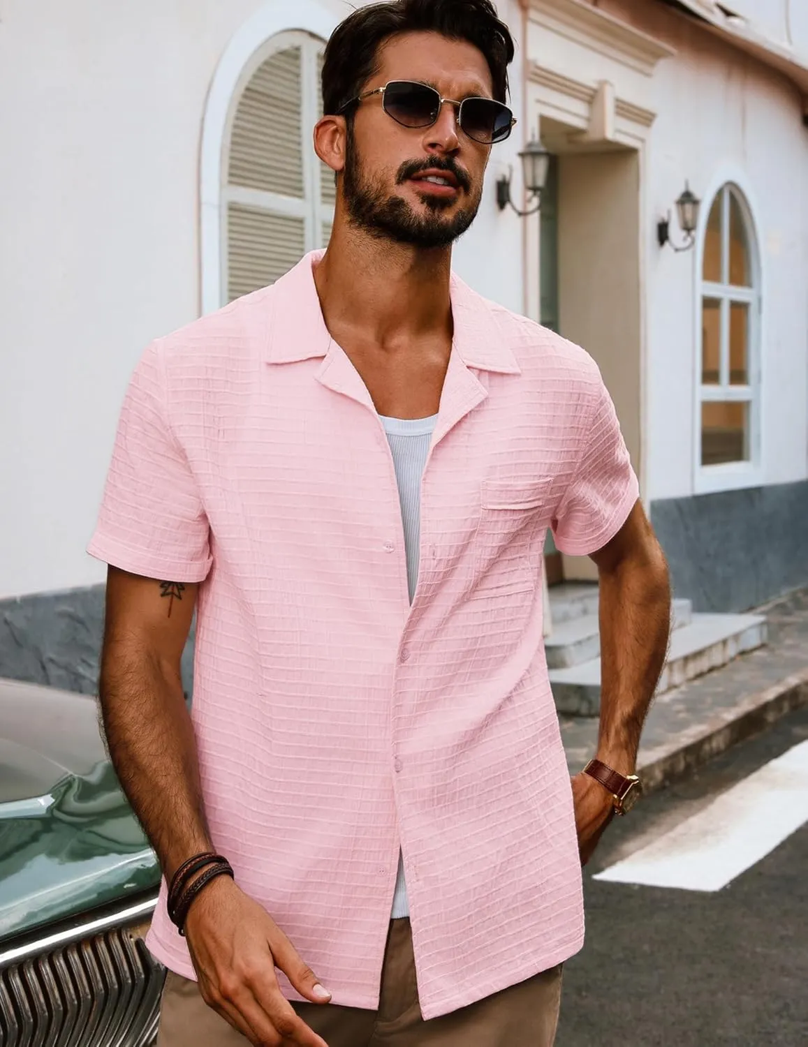 PJ PAUL JONES Mens Short Sleeve Button Down Shirts Casual Summer Beach Cuban Shirts Lightweight