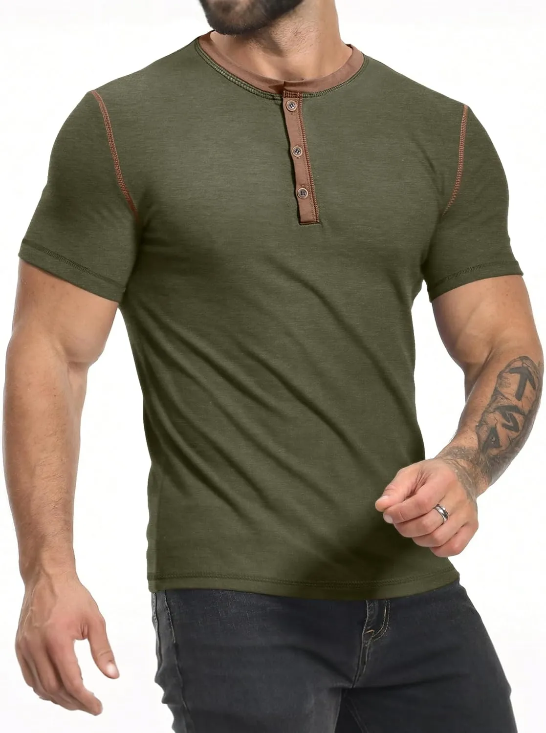 PLEPAN Mens Henley Shirts Crewneck Short Sleeve Casual Cotton T-Shirts with Contrast Color Collar