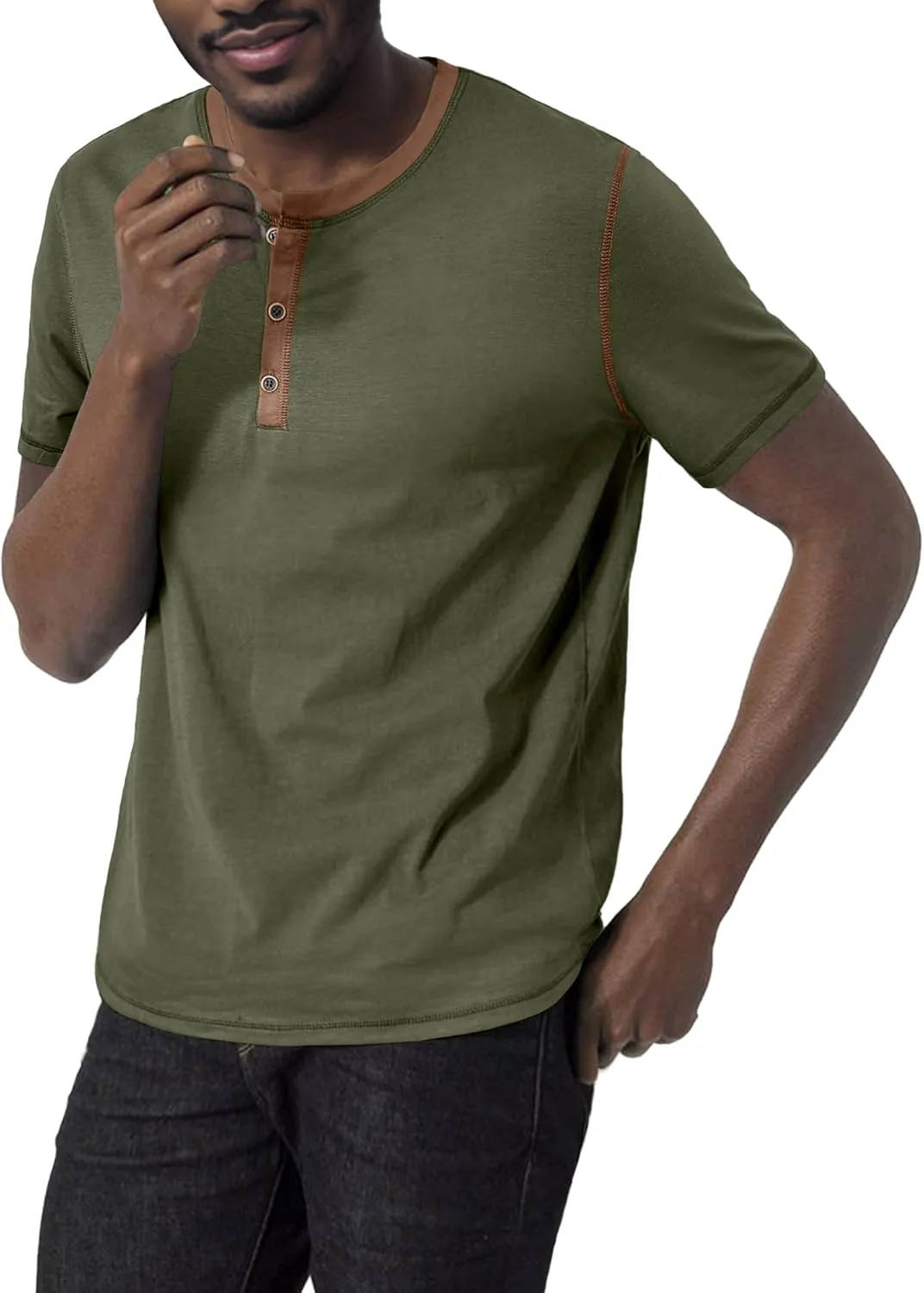 PLEPAN Mens Henley Shirts Crewneck Short Sleeve Casual Cotton T-Shirts with Contrast Color Collar