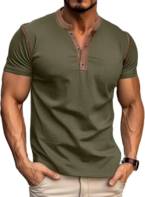 PLEPAN Mens Henley Shirts Crewneck Short Sleeve Casual Cotton T-Shirts with Contrast Color Collar