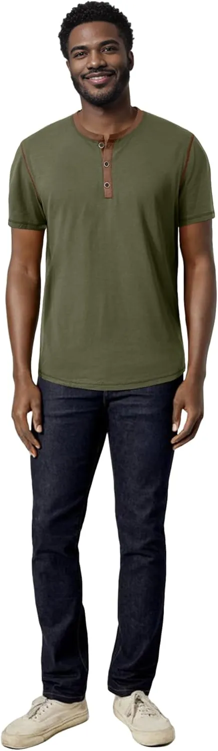 PLEPAN Mens Henley Shirts Crewneck Short Sleeve Casual Cotton T-Shirts with Contrast Color Collar