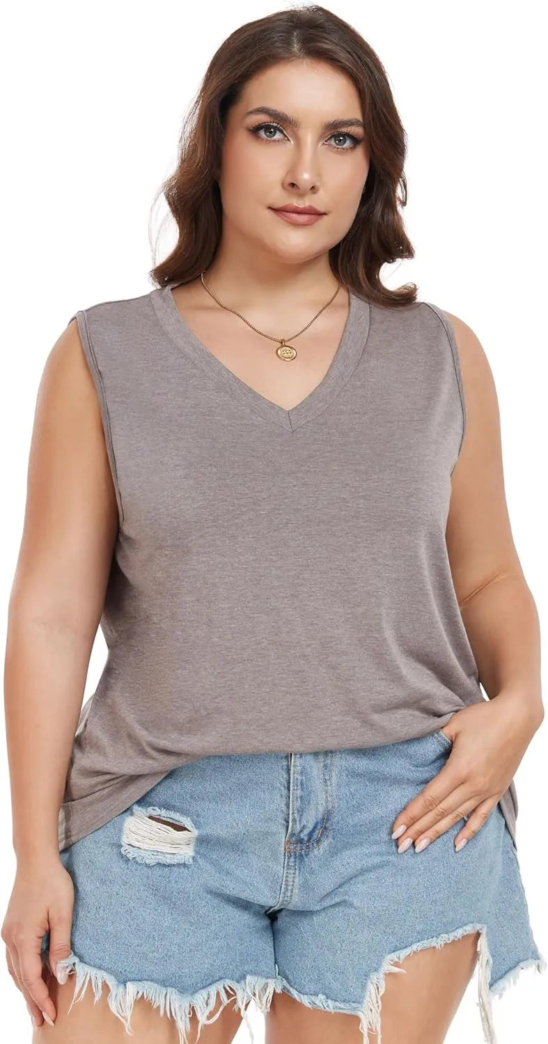 Plus Size Tanks Women Summer Top V Neck Sleeveless Top Loose Fit Tee Workout Shirts