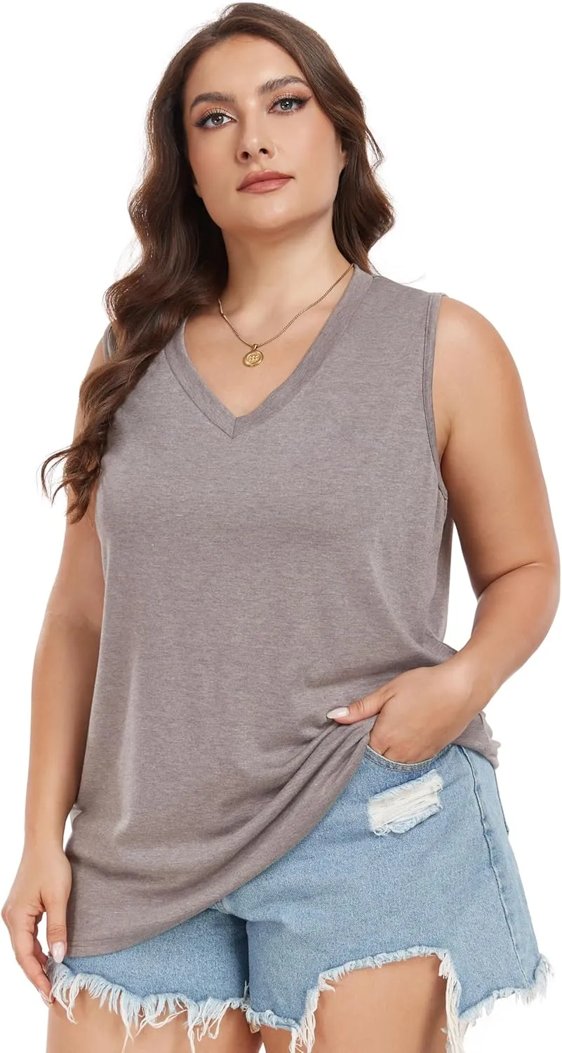 Plus Size Tanks Women Summer Top V Neck Sleeveless Top Loose Fit Tee Workout Shirts