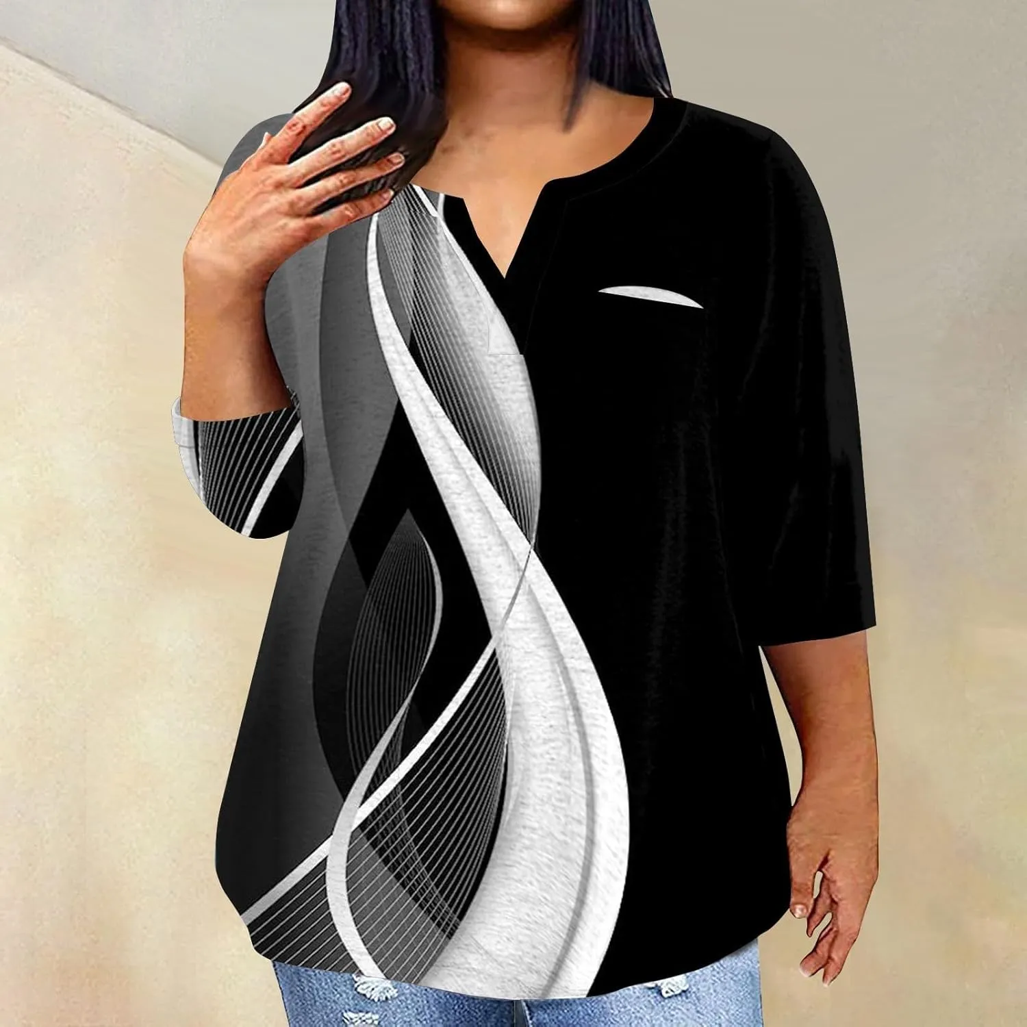 Plus Size Tops for Women Dressy Casual 3/4 Length Sleeve V Neck Shirts Comfy Gradient Loose Fit Fall Fashion Clothes