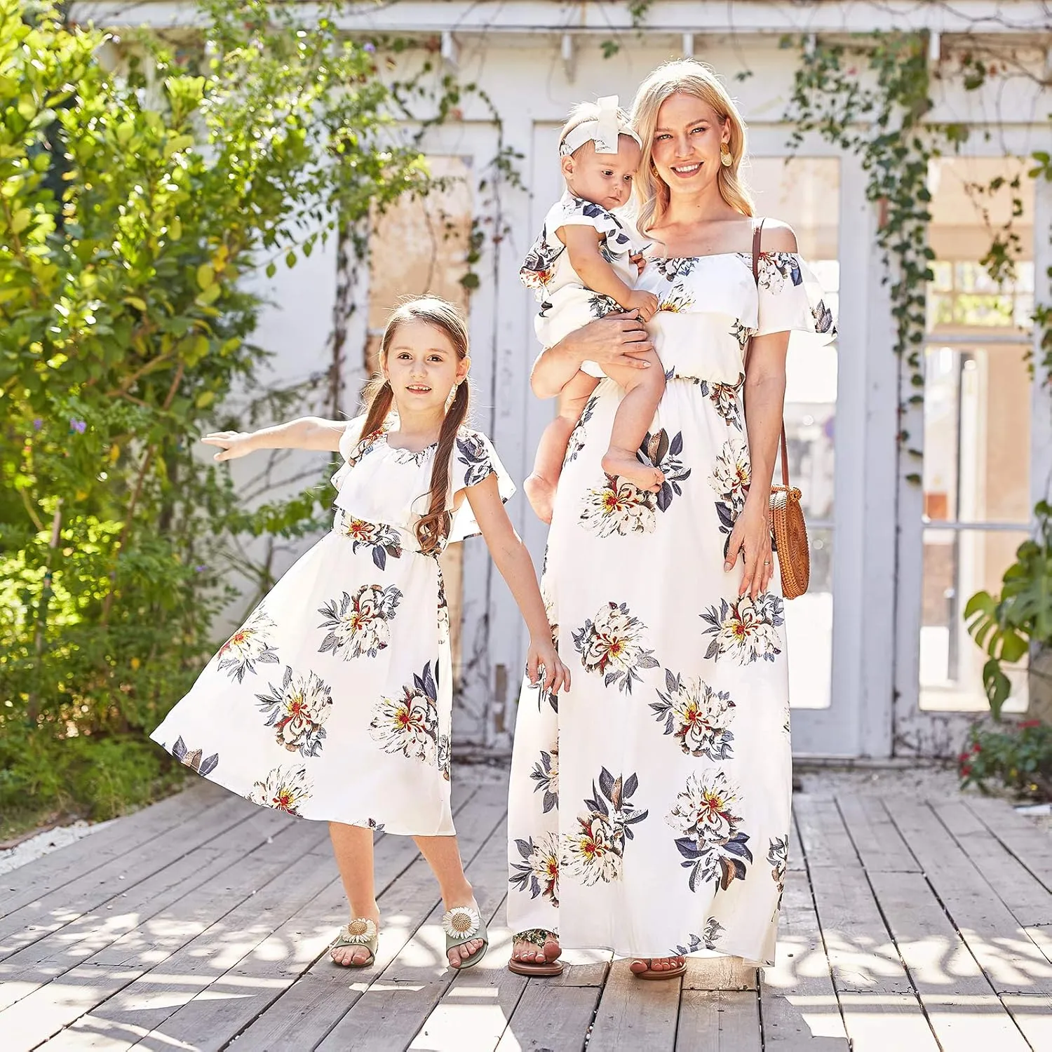 PopReal Mommy and Me Dresses Floral Printed Chiffon Bowknot Ruffles Short Sleeve Beach Mom Daughter Matching Outfits