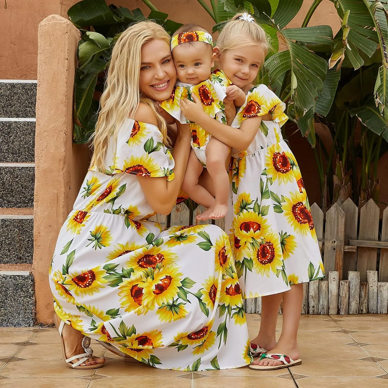 PopReal Mommy and Me Dresses Floral Printed Chiffon Bowknot Ruffles Short Sleeve Beach Mom Daughter Matching Outfits
