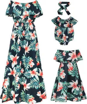 PopReal Mommy and Me Dresses Floral Printed Chiffon Bowknot Ruffles Short Sleeve Beach Mom Daughter Matching Outfits