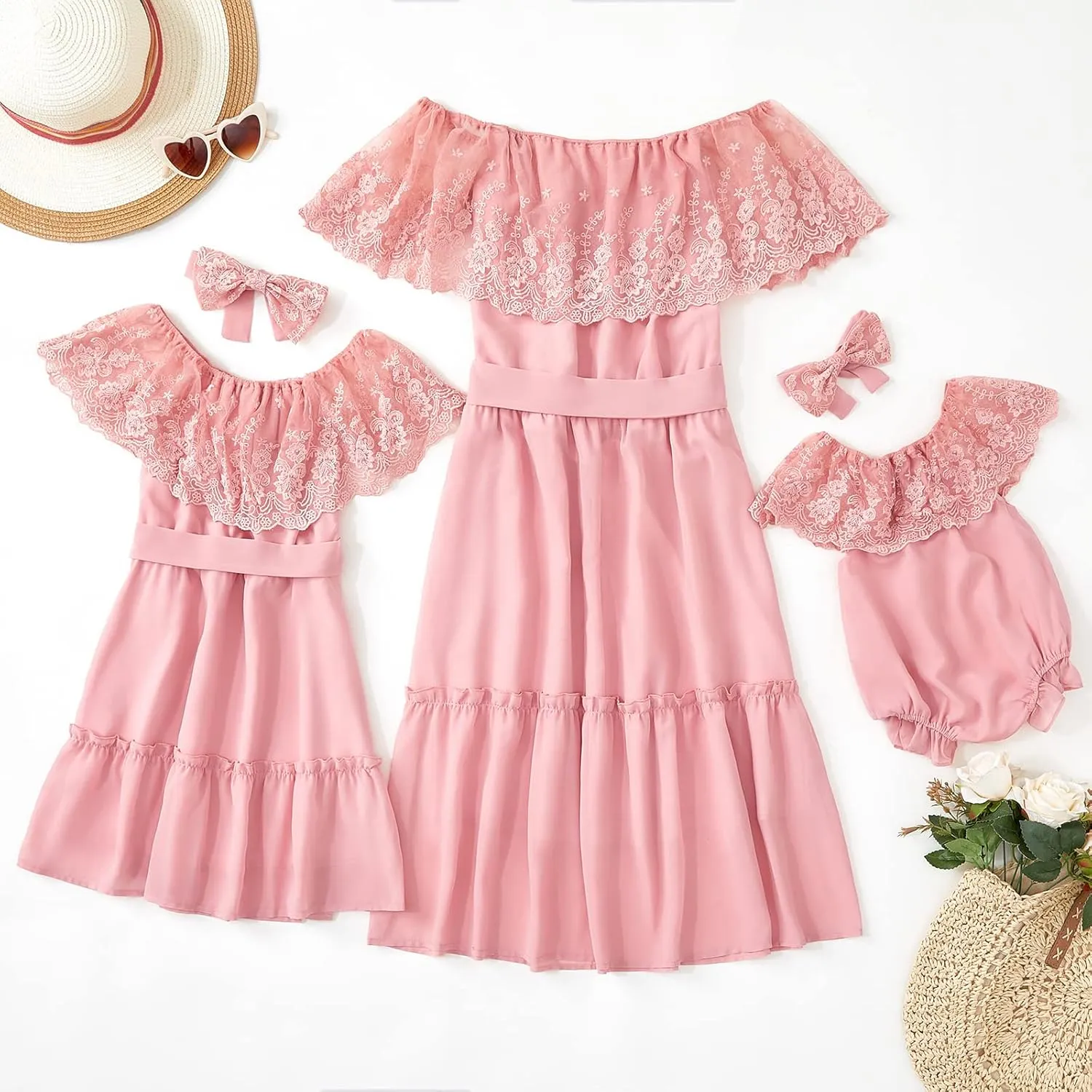 PopReal Mommy and Me Dresses Floral Printed Chiffon Bowknot Ruffles Short Sleeve Beach Mom Daughter Matching Outfits