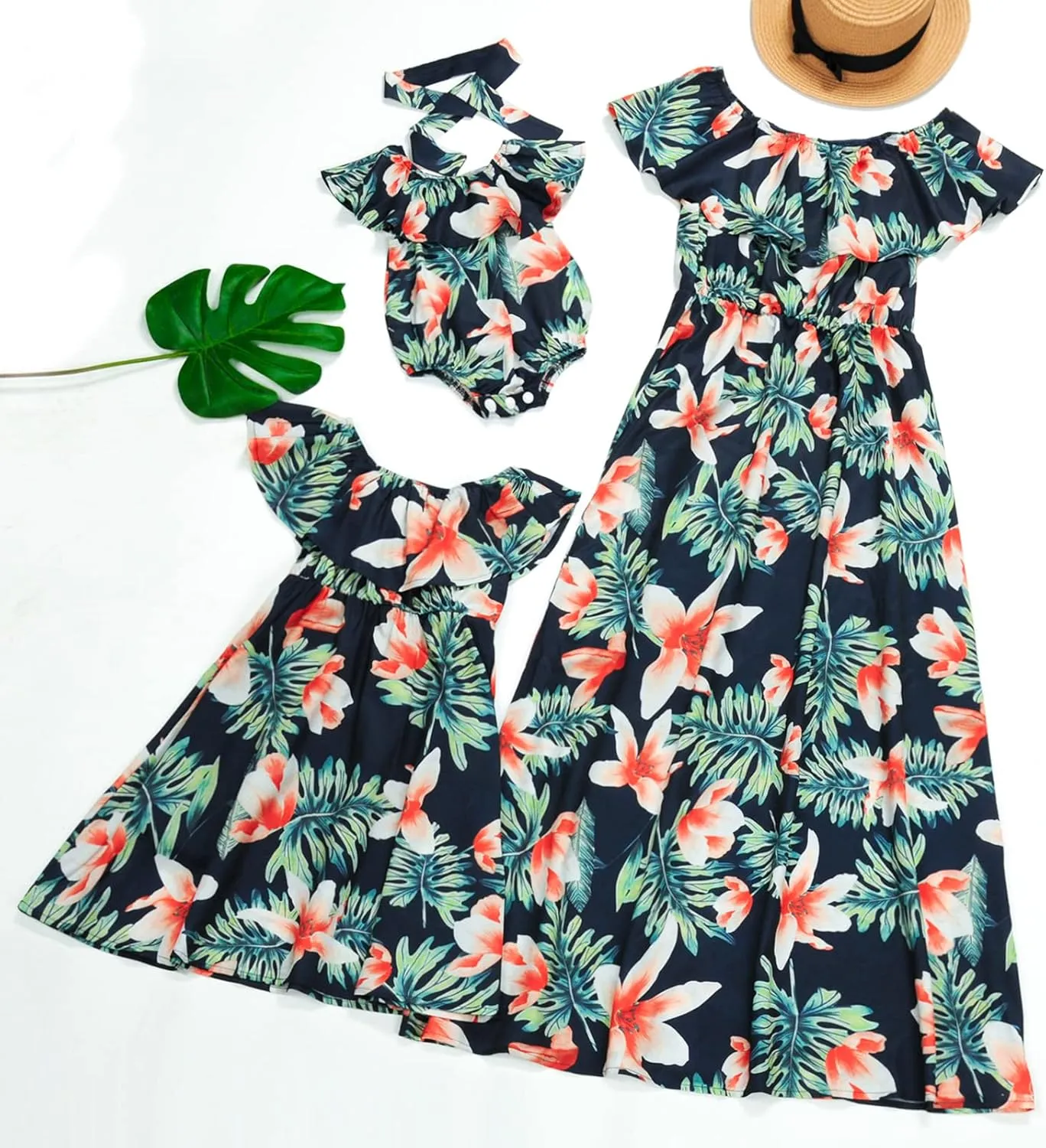 PopReal Mommy and Me Dresses Floral Printed Chiffon Bowknot Ruffles Short Sleeve Beach Mom Daughter Matching Outfits