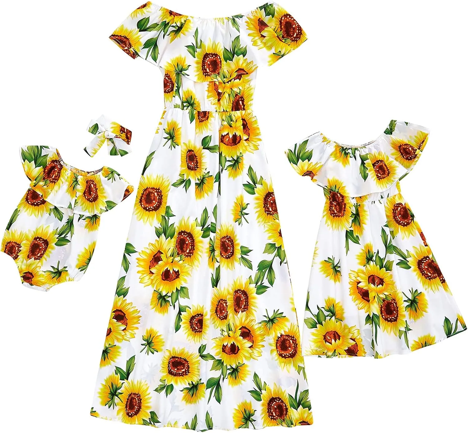PopReal Mommy and Me Dresses Floral Printed Chiffon Bowknot Ruffles Short Sleeve Beach Mom Daughter Matching Outfits